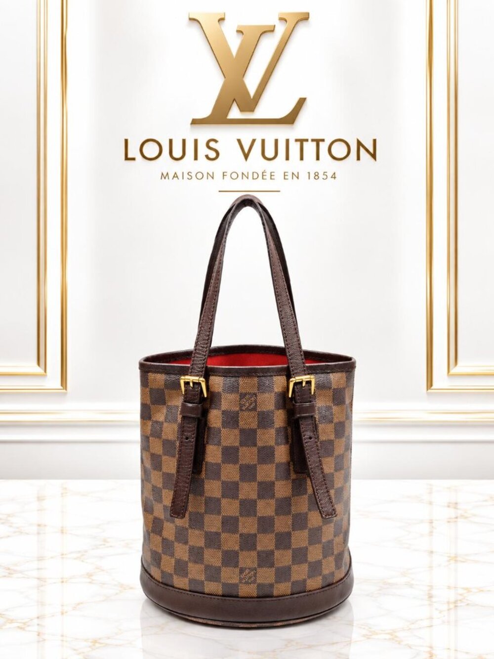 Authentic Louis Vuitton Marais Damier Ebene Bucket Leather Shoulder Bag